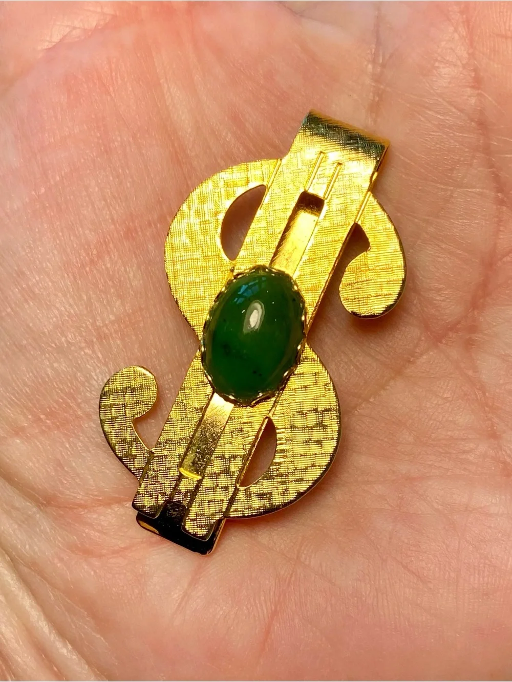 Gold-Tone Dollar Sign Money Clip with Green Jade Vintage Alaska